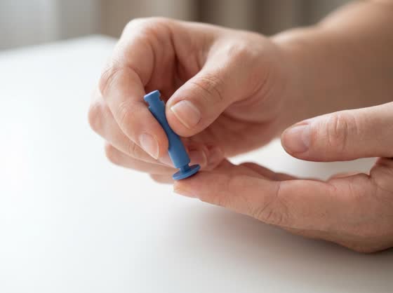 Lance β Lancet flat against the side of the fingertip, off to the side of the pad.